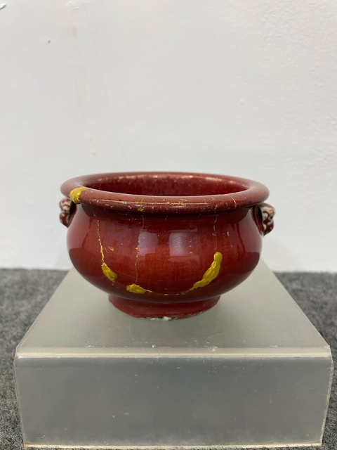 古玩陶瓷紅釉雙鋪首香爐真品鑒賞圖