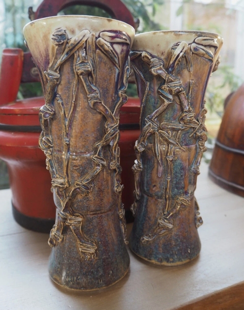 古玩陶瓷窯變釉貼塑竹紋花觚真品鑒賞圖