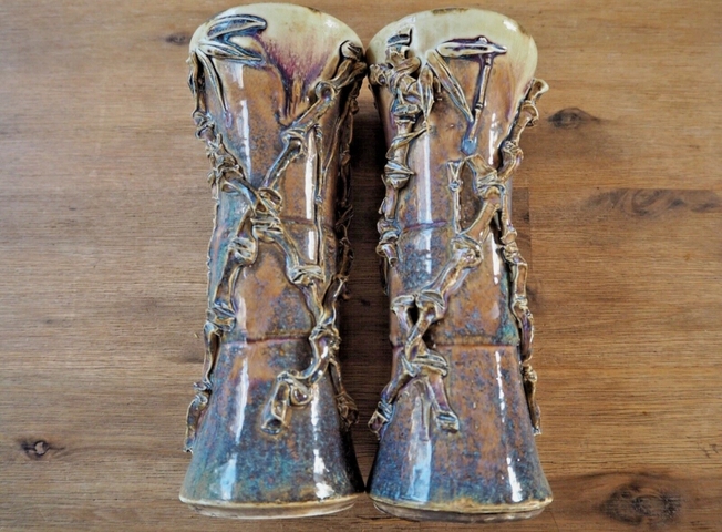 古玩陶瓷窯變釉貼塑竹紋花觚真品鑒賞圖