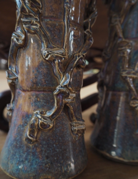 古玩陶瓷窯變釉貼塑竹紋花觚真品鑒賞圖