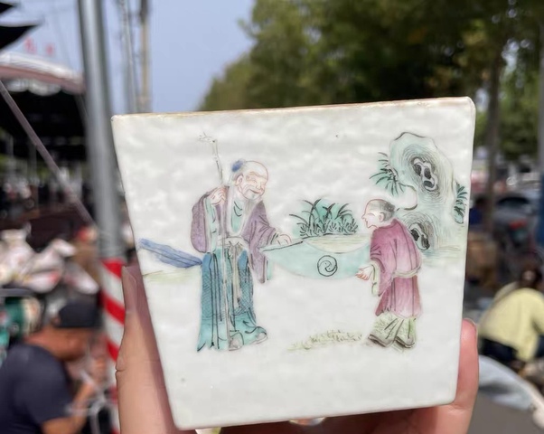 古玩陶瓷粉彩人物故事紋四方洗真品鑒賞圖