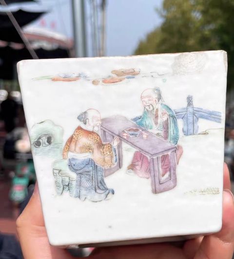 古玩陶瓷粉彩人物故事紋四方洗真品鑒賞圖