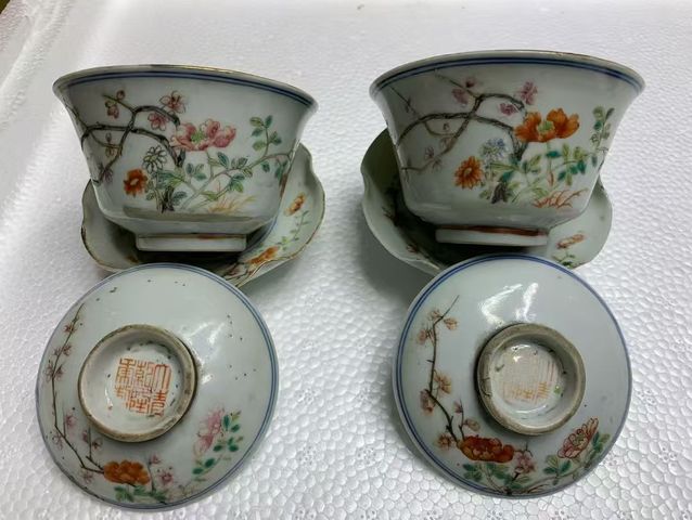 古玩陶瓷花卉紋粉彩三才蓋杯真品鑒賞圖