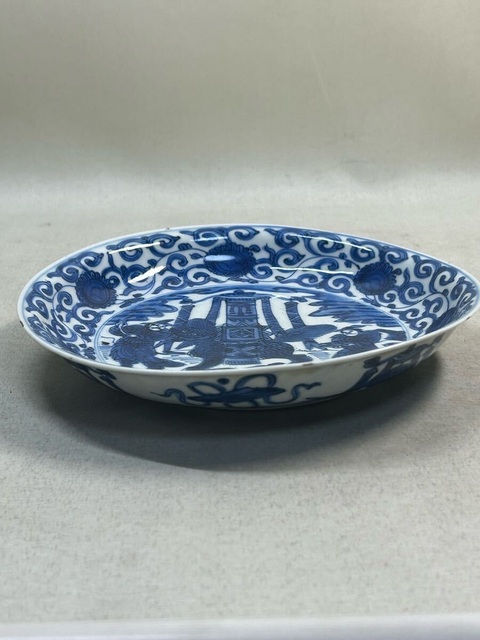 古玩陶瓷人物詩紋青花盤真品鑒賞圖