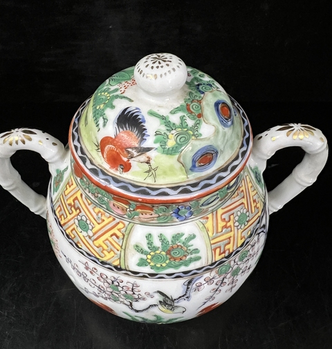 古玩陶瓷廣彩雞紋糖罐真品鑒賞圖