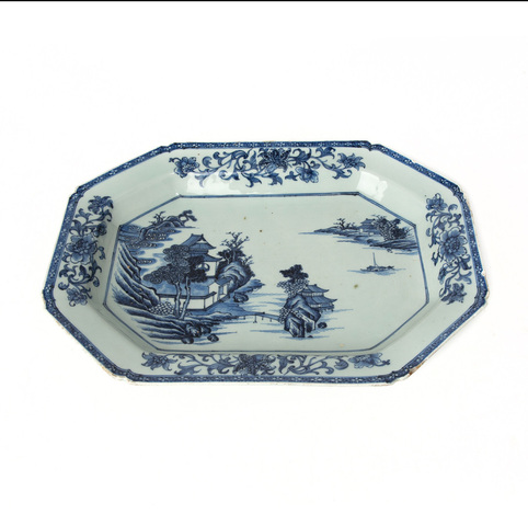 古玩陶瓷清乾隆 青花山水紋折沿盤真品鑒賞圖