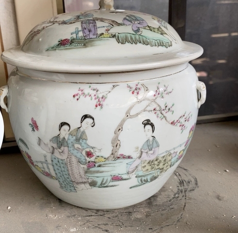 古玩陶瓷粉彩侍女人物粥罐真品鑒賞圖