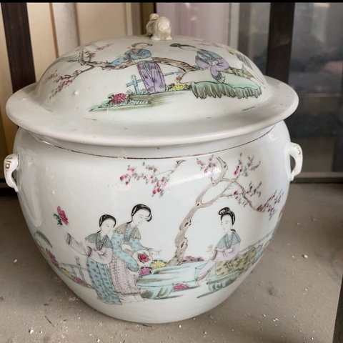 古玩陶瓷粉彩侍女人物粥罐真品鑒賞圖