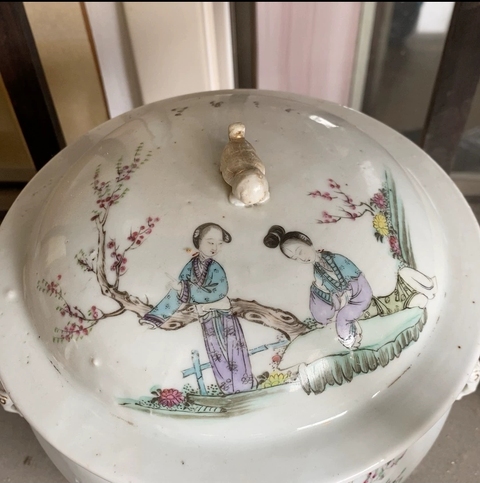 古玩陶瓷粉彩侍女人物粥罐真品鑒賞圖