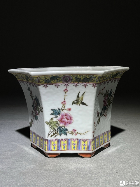 古玩陶瓷花鳥紋粉彩花盆真品鑒賞圖