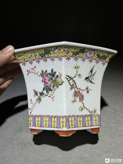 古玩陶瓷花鳥紋粉彩花盆真品鑒賞圖