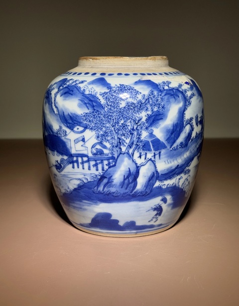 古玩陶瓷青花漁樵耕讀紋罐真品鑒賞圖