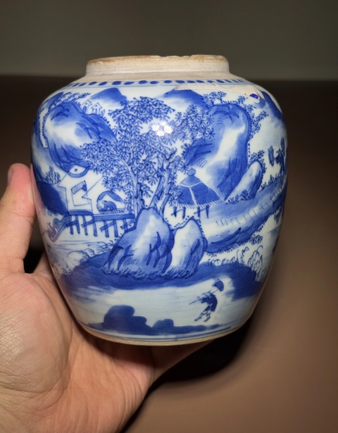 古玩陶瓷青花漁樵耕讀紋罐真品鑒賞圖