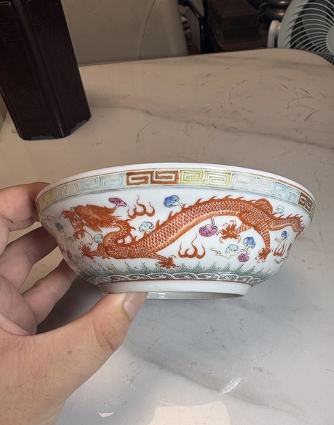 古玩陶瓷民國粉彩龍紋盤拍賣，當前價格1200元