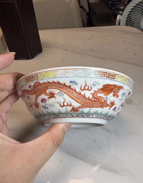 古玩陶瓷民國粉彩龍紋盤拍賣，當前價格1200元