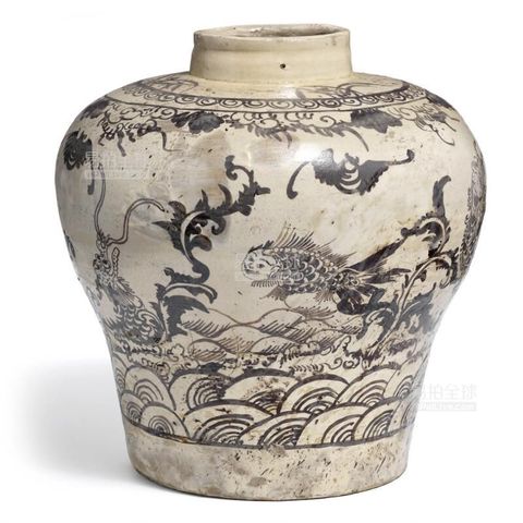 古玩陶瓷元代磁州窯白地黑花紋罐真品鑒賞圖