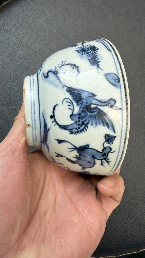 古玩陶瓷青花鶴鹿同春圖紋碗真品鑒賞圖