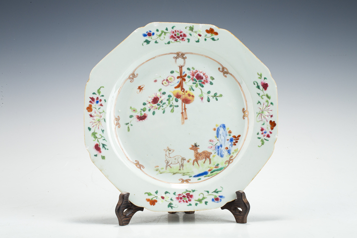 古玩陶瓷清乾隆·粉彩福祿花卉紋八方盤拍賣，當前價格640元