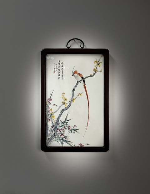 古玩陶瓷粉彩花鳥紋瓷板真品鑒賞圖