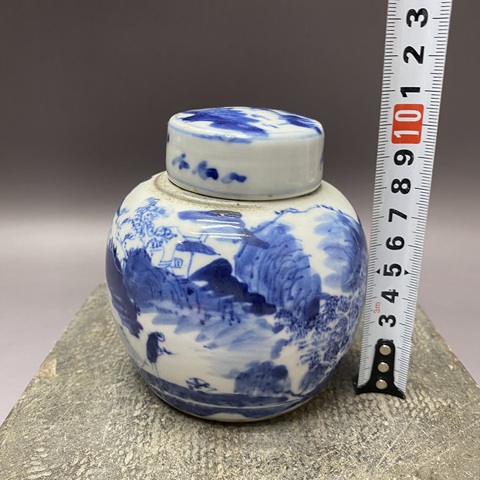 古玩陶瓷人物山水紋青花蓋罐真品鑒賞圖