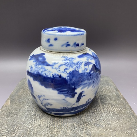 古玩陶瓷人物山水紋青花蓋罐真品鑒賞圖