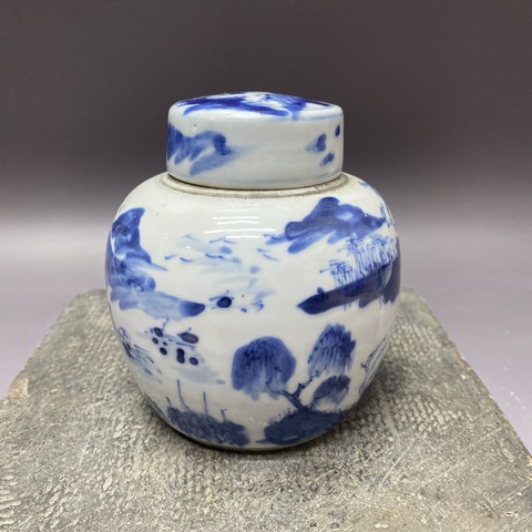 古玩陶瓷人物山水紋青花蓋罐真品鑒賞圖