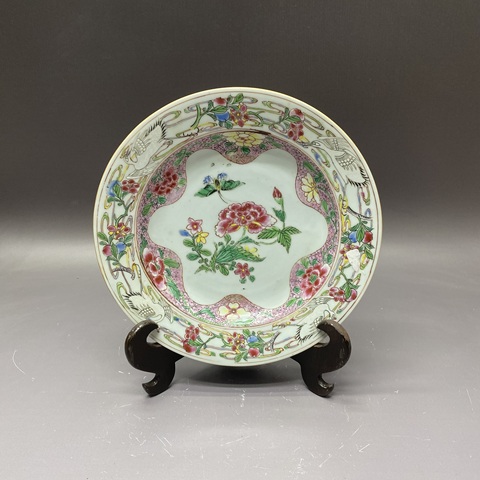 古玩陶瓷花卉鶴紋粉彩盤真品鑒賞圖