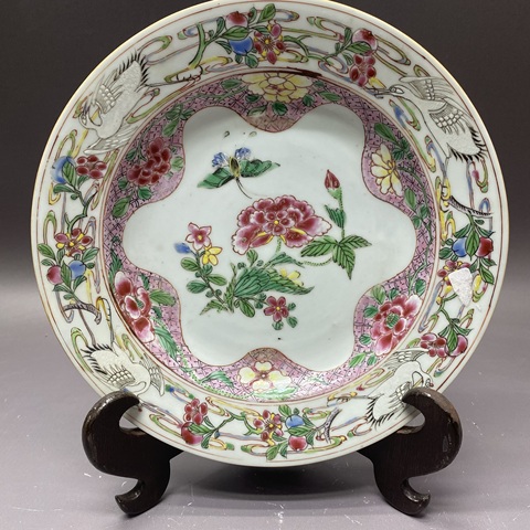 古玩陶瓷花卉鶴紋粉彩盤真品鑒賞圖