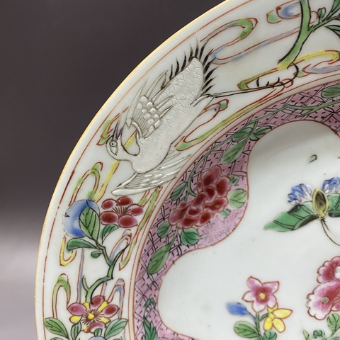 古玩陶瓷花卉鶴紋粉彩盤真品鑒賞圖