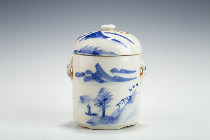 古玩陶瓷民國·青花山水紋蓋盅真品鑒賞圖