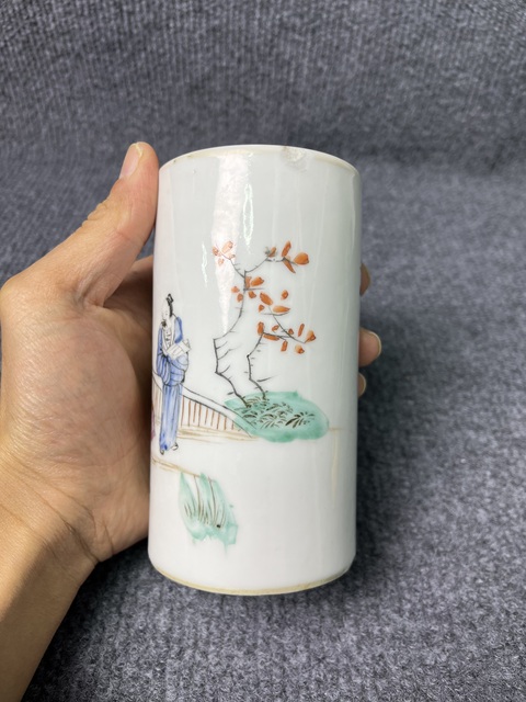 古玩陶瓷淺降彩高士童子紋筆筒真品鑒賞圖