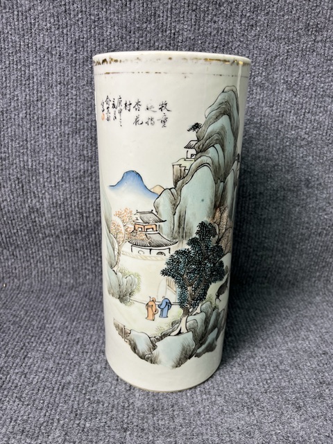 古玩陶瓷淺降彩山水人物故事紋帽筒真品鑒賞圖