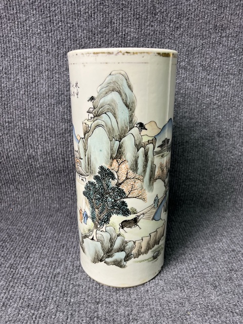 古玩陶瓷淺降彩山水人物故事紋帽筒真品鑒賞圖