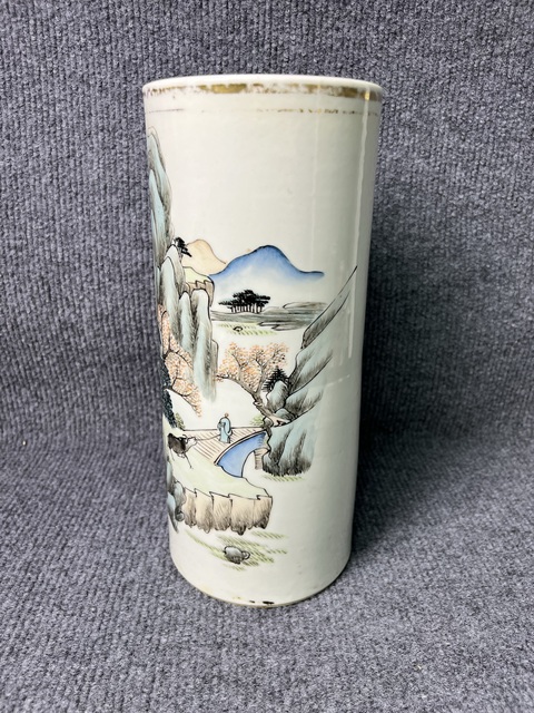 古玩陶瓷淺降彩山水人物故事紋帽筒真品鑒賞圖