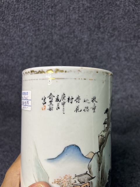 古玩陶瓷淺降彩山水人物故事紋帽筒真品鑒賞圖