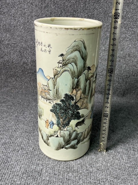 古玩陶瓷淺降彩山水人物故事紋帽筒真品鑒賞圖