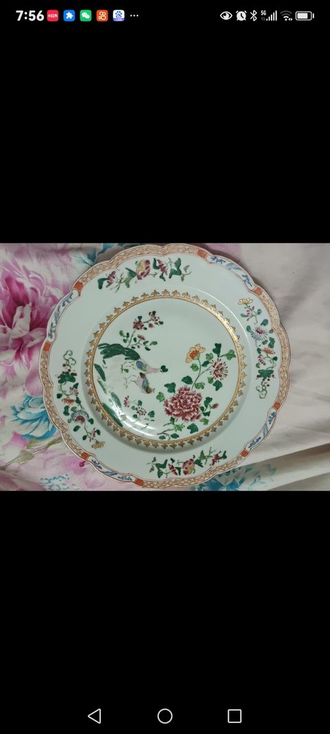 古玩陶瓷粉彩孔雀牡丹花卉紋盤真品鑒賞圖