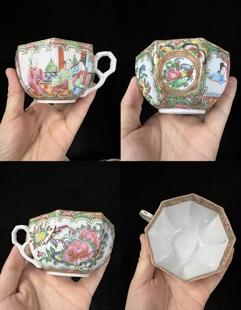 古玩陶瓷民國廣彩八角型人物花鳥杯碟拍賣，當前價格499元