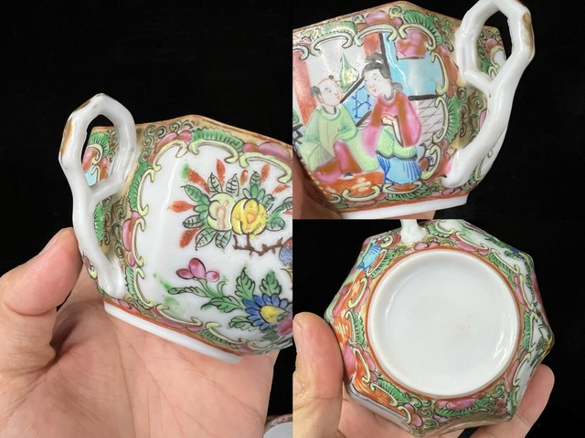 古玩陶瓷民國廣彩八角型人物花鳥杯碟拍賣，當前價格499元