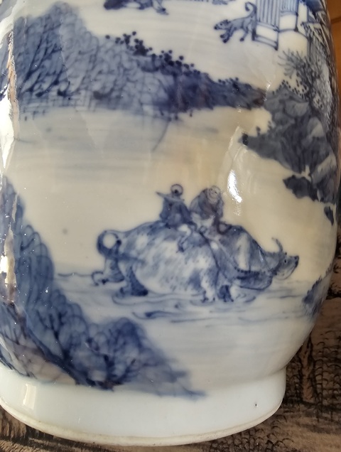 古玩陶瓷晚清?宣得年制款青花人物山水洗口瓶(超細路)拍賣,當前價格3500元