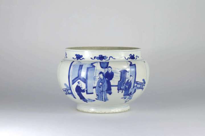 古玩陶瓷青花人物故事紋四系粥罐真品鑒賞圖