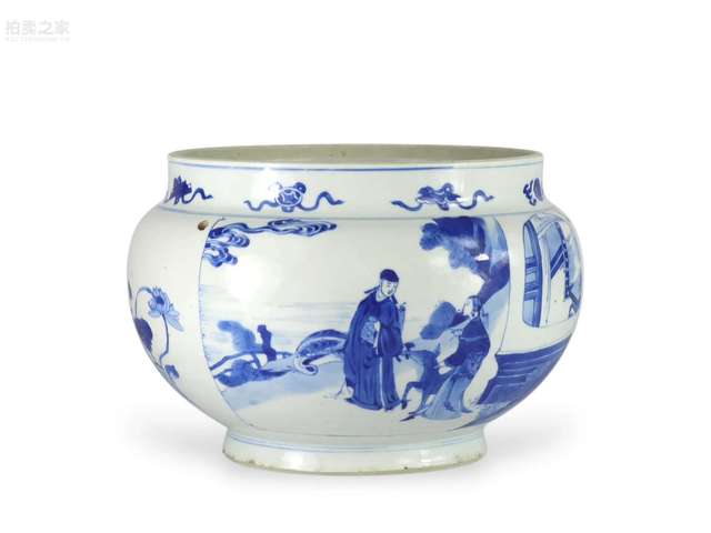 古玩陶瓷青花人物故事紋四系粥罐真品鑒賞圖