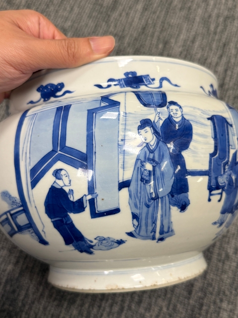 古玩陶瓷青花人物故事紋四系粥罐真品鑒賞圖