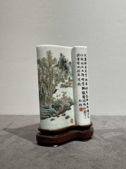 古玩陶瓷粉彩山水卷書壁擱真品鑒賞圖