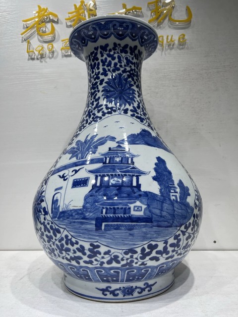 古玩陶瓷開窗亭臺樓閣紋撇口瓶真品鑒賞圖