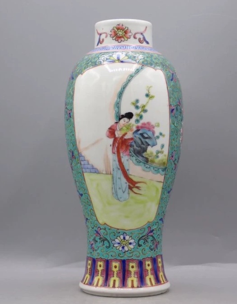 古玩陶瓷粉彩開窗仕女圖雞腿瓶真品鑒賞圖