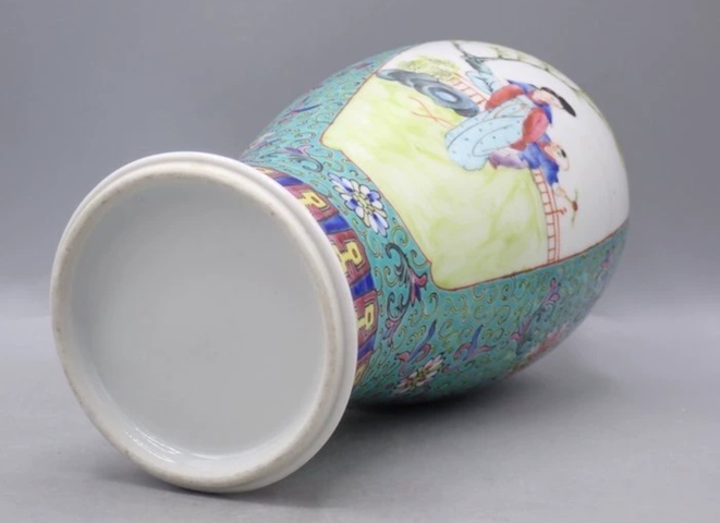 古玩陶瓷粉彩開窗仕女圖雞腿瓶真品鑒賞圖