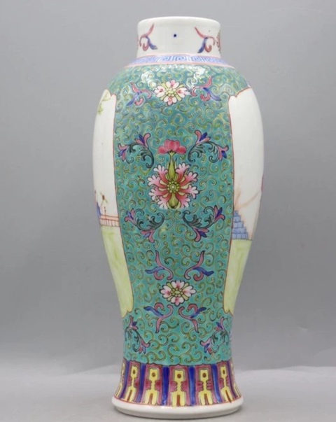 古玩陶瓷粉彩開窗仕女圖雞腿瓶真品鑒賞圖