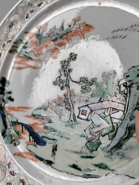 古玩陶瓷五彩山水人物折沿盤(pán)真品鑒賞圖
