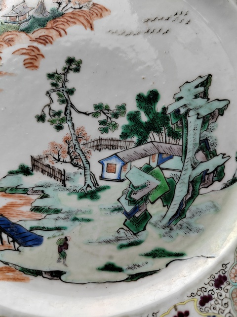 古玩陶瓷五彩山水人物折沿盤(pán)真品鑒賞圖